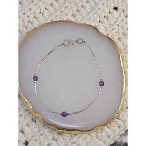 Sterling Silver Purple Bead Bracelet 925 Sz 6.25 Floating Stones Dainty Gift